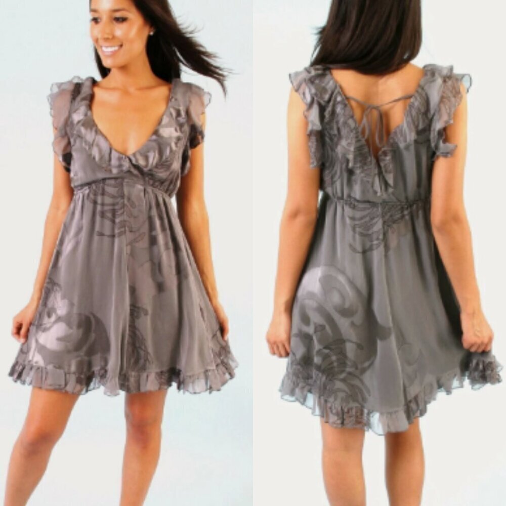 Hale Bob Sleeveless Ruffled Silk Flare Dress XS Gray White Print 26517